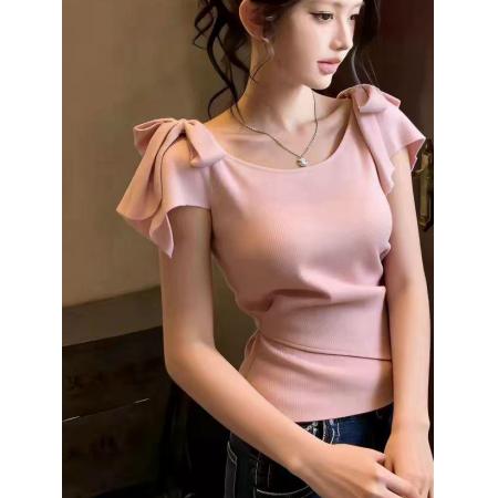 BY14780# 超减龄蝴蝶结系带设计粉色上衣春季女装新款圆领修身别致短袖 服裝批發女裝批發服飾貨源