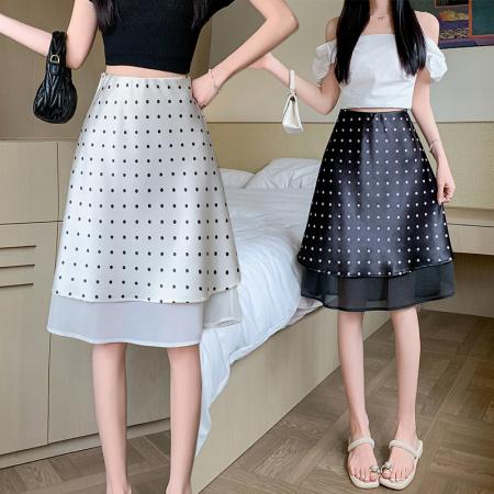BY14781# 醋酸缎面波点面纱裙半身裙夏季高腰垂感网纱拼接a字中裙 服裝批發女裝批發服飾貨源