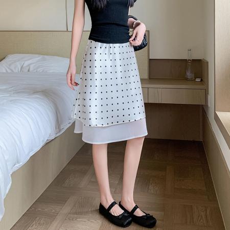BY14781# 醋酸缎面波点面纱裙半身裙夏季高腰垂感网纱拼接a字中裙 服裝批發女裝批發服飾貨源