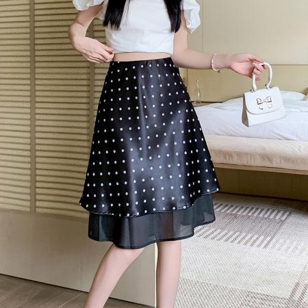 BY14781# 醋酸缎面波点面纱裙半身裙夏季高腰垂感网纱拼接a字中裙 服裝批發女裝批發服飾貨源