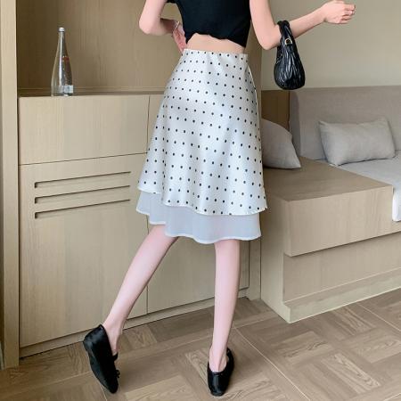 BY14781# 醋酸缎面波点面纱裙半身裙夏季高腰垂感网纱拼接a字中裙 服裝批發女裝批發服飾貨源