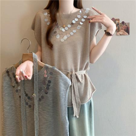 BY14782# 夏装新款大码女装胖mm设计感亮片针织t恤收腰打底衫上衣 服裝批發女裝批發服飾貨源