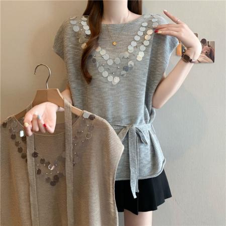 BY14782# 夏装新款大码女装胖mm设计感亮片针织t恤收腰打底衫上衣 服裝批發女裝批發服飾貨源