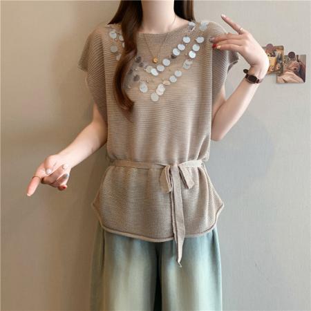 BY14782# 夏装新款大码女装胖mm设计感亮片针织t恤收腰打底衫上衣 服裝批發女裝批發服飾貨源