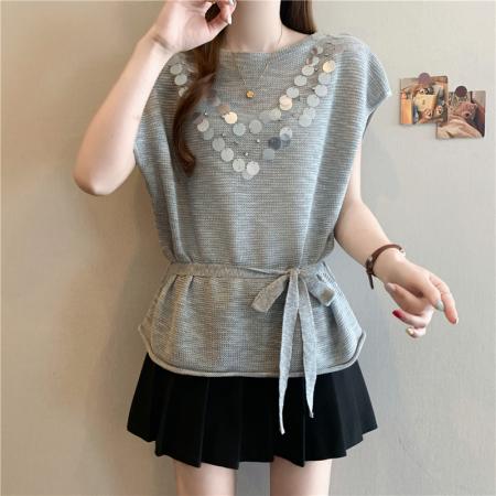 BY14782# 夏装新款大码女装胖mm设计感亮片针织t恤收腰打底衫上衣 服裝批發女裝批發服飾貨源