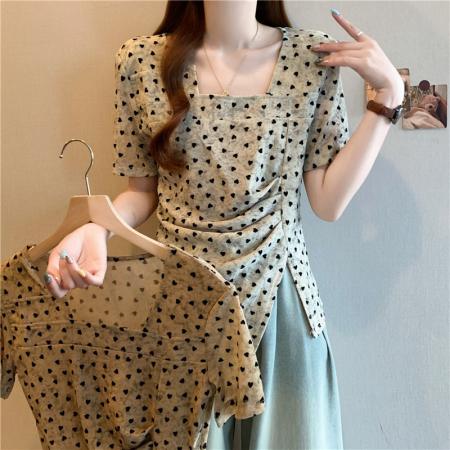 BY14783# 夏装新款大码女装胖mm设计感不规则短袖爱心开叉T恤上衣 服裝批發女裝批發服飾貨源