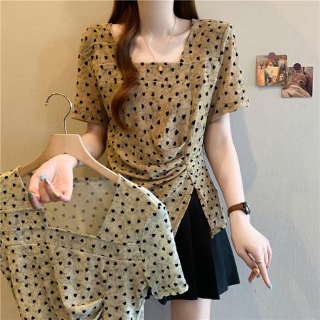 BY14783# 夏装新款大码女装胖mm设计感不规则短袖爱心开叉T恤上衣 服裝批發女裝批發服飾貨源