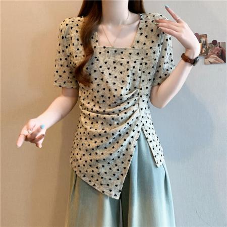 BY14783# 夏装新款大码女装胖mm设计感不规则短袖爱心开叉T恤上衣 服裝批發女裝批發服飾貨源