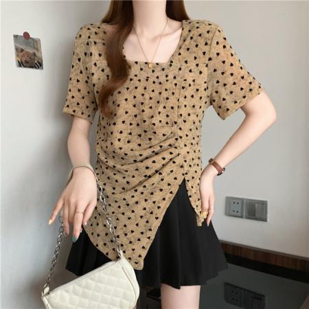 BY14783# 夏装新款大码女装胖mm设计感不规则短袖爱心开叉T恤上衣 服裝批發女裝批發服飾貨源