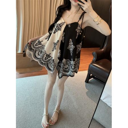 BY14785# 度假民族风复古印花撞色不规则宽松吊带上衣两面穿 服裝批發女裝批發服飾貨源