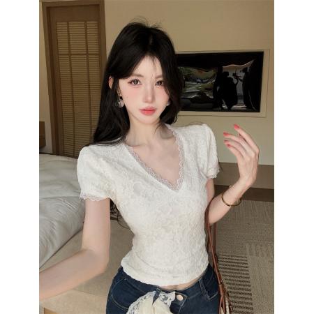 BY14786# 气质温柔蕾丝拼接短袖V领显瘦修身上衣带里布内衬 服裝批發女裝批發服飾貨源