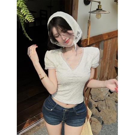 BY14786# 气质温柔蕾丝拼接短袖V领显瘦修身上衣带里布内衬 服裝批發女裝批發服飾貨源