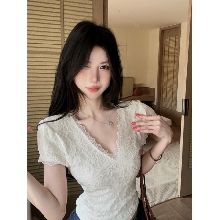 BY14786# 气质温柔蕾丝拼接短袖V领显瘦修身上衣带里布内衬 服裝批發女裝批發服飾貨源