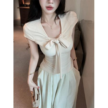 BY14788# 纯欲U领蝴蝶结绑带百搭短袖修身显瘦上衣T恤 服裝批發女裝批發服飾貨源