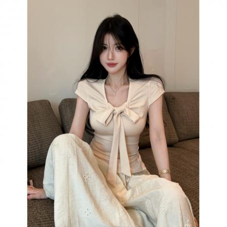 BY14788# 纯欲U领蝴蝶结绑带百搭短袖修身显瘦上衣T恤 服裝批發女裝批發服飾貨源
