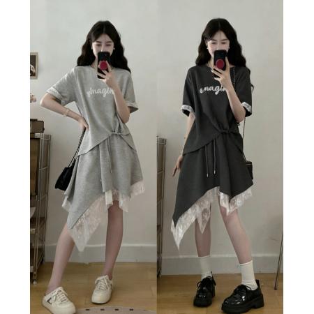 BY14792# 夏季新款大码女装圆领T恤+高腰显瘦蕾丝拼接半身裙两件套 服裝批發女裝批發服飾貨源