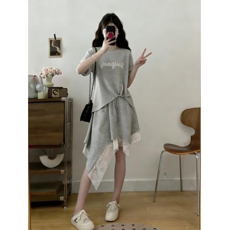 BY14792# 夏季新款大码女装圆领T恤+高腰显瘦蕾丝拼接半身裙两件套 服裝批發女裝批發服飾貨源