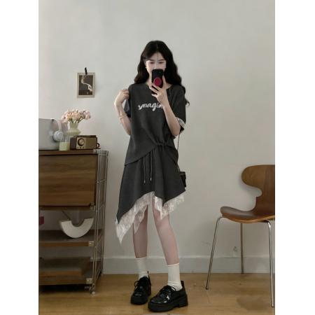 BY14792# 夏季新款大码女装圆领T恤+高腰显瘦蕾丝拼接半身裙两件套 服裝批發女裝批發服飾貨源