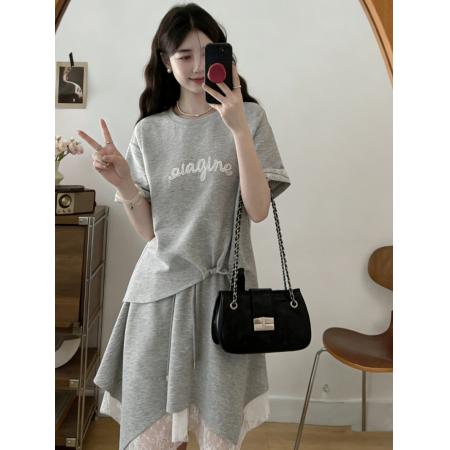 BY14792# 夏季新款大码女装圆领T恤+高腰显瘦蕾丝拼接半身裙两件套 服裝批發女裝批發服飾貨源