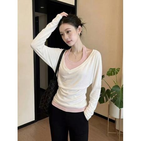 BY14793# 韩系甜美风白色罩衫条纹背心两件套春夏新款时尚宽松百搭套装 服裝批發女裝批發服飾貨源