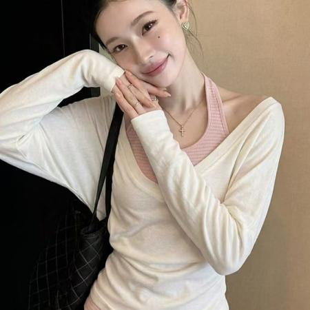 BY14793# 韩系甜美风白色罩衫条纹背心两件套春夏新款时尚宽松百搭套装 服裝批發女裝批發服飾貨源