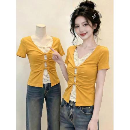 BY14794# 辣妹风假两件短袖t恤设计感上衣 服裝批發女裝批發服飾貨源