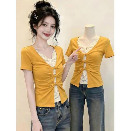 BY14794# 辣妹风假两件短袖t恤设计感上衣 服裝批發女裝批發服飾貨源