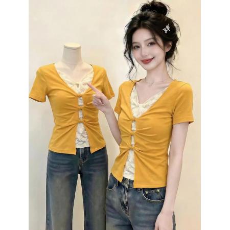 BY14794# 辣妹风假两件短袖t恤设计感上衣 服裝批發女裝批發服飾貨源