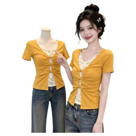 BY14794# 辣妹风假两件短袖t恤设计感上衣 服裝批發女裝批發服飾貨源