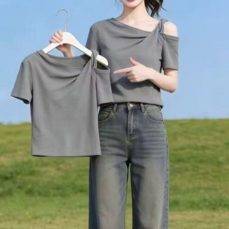 BY14795# 不规则斜领露肩夏短袖T恤女显瘦上衣 服裝批發女裝批發服飾貨源