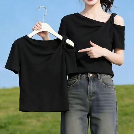 BY14795# 不规则斜领露肩夏短袖T恤女显瘦上衣 服裝批發女裝批發服飾貨源