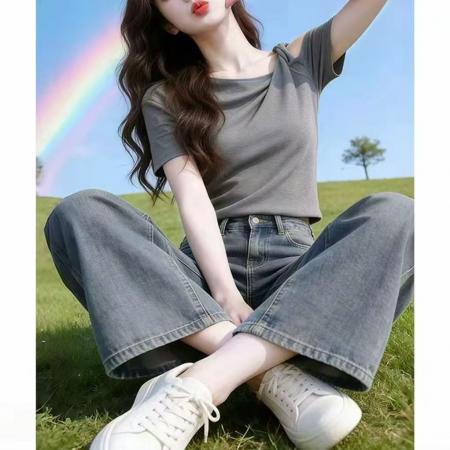 BY14795# 不规则斜领露肩夏短袖T恤女显瘦上衣 服裝批發女裝批發服飾貨源