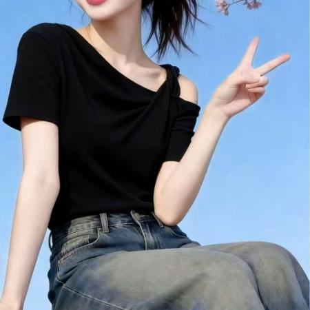 BY14795# 不规则斜领露肩夏短袖T恤女显瘦上衣 服裝批發女裝批發服飾貨源