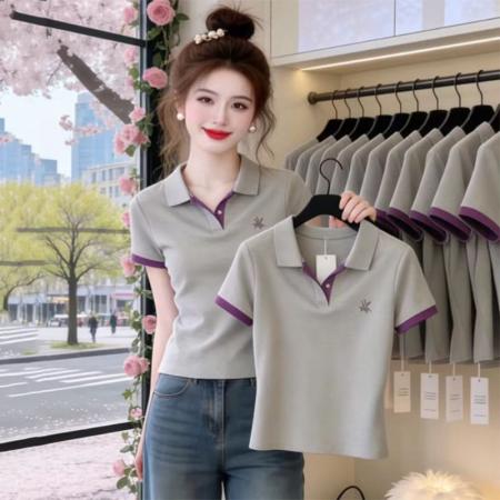 BY14796# 夏季新款撞色polo领短袖减龄显瘦时尚百搭休闲上衣 服裝批發女裝批發服飾貨源