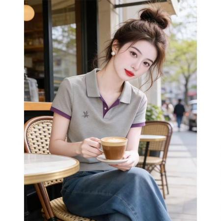 BY14796# 夏季新款撞色polo领短袖减龄显瘦时尚百搭休闲上衣 服裝批發女裝批發服飾貨源