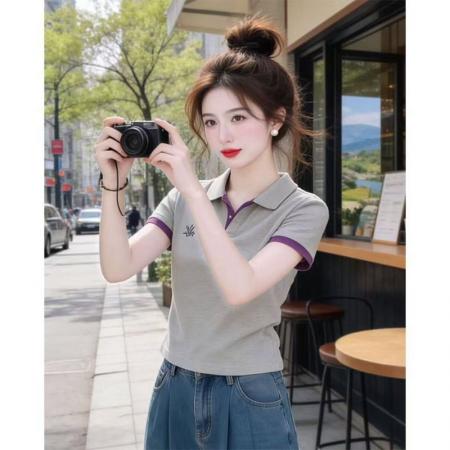 BY14796# 夏季新款撞色polo领短袖减龄显瘦时尚百搭休闲上衣 服裝批發女裝批發服飾貨源