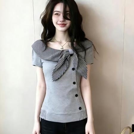 BY14797# 甜美洋气蝴蝶结纽扣格子短袖t恤女夏季别致减龄修身短款漂亮上衣 服裝批發女裝批發服飾貨源