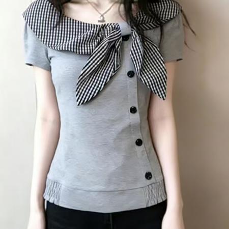 BY14797# 甜美洋气蝴蝶结纽扣格子短袖t恤女夏季别致减龄修身短款漂亮上衣 服裝批發女裝批發服飾貨源