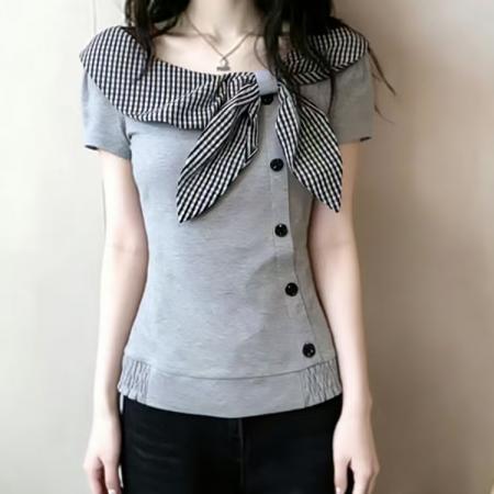 BY14797# 甜美洋气蝴蝶结纽扣格子短袖t恤女夏季别致减龄修身短款漂亮上衣 服裝批發女裝批發服飾貨源