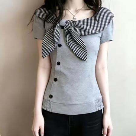 BY14797# 甜美洋气蝴蝶结纽扣格子短袖t恤女夏季别致减龄修身短款漂亮上衣 服裝批發女裝批發服飾貨源