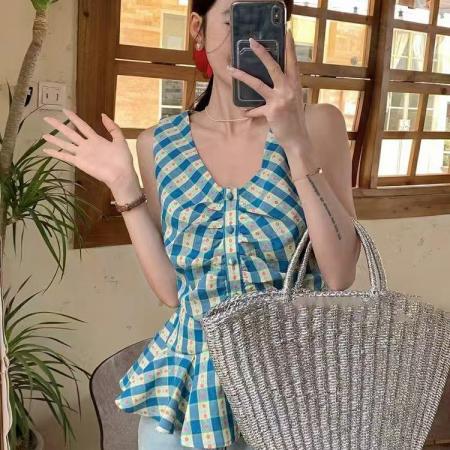 BY14798# 复古格子小背心女新款夏季遮肉显瘦小衫外穿无袖上衣 服裝批發女裝批發服飾貨源