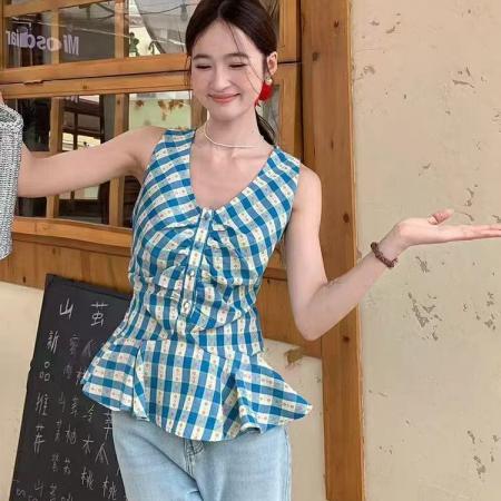 BY14798# 复古格子小背心女新款夏季遮肉显瘦小衫外穿无袖上衣 服裝批發女裝批發服飾貨源