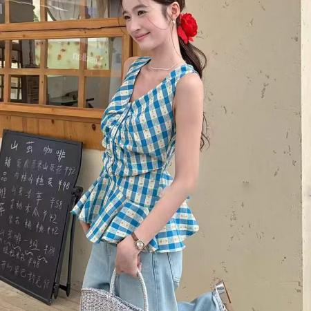 BY14798# 复古格子小背心女新款夏季遮肉显瘦小衫外穿无袖上衣 服裝批發女裝批發服飾貨源