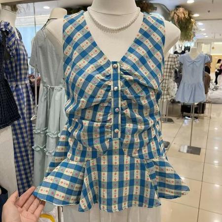 BY14798# 复古格子小背心女新款夏季遮肉显瘦小衫外穿无袖上衣 服裝批發女裝批發服飾貨源