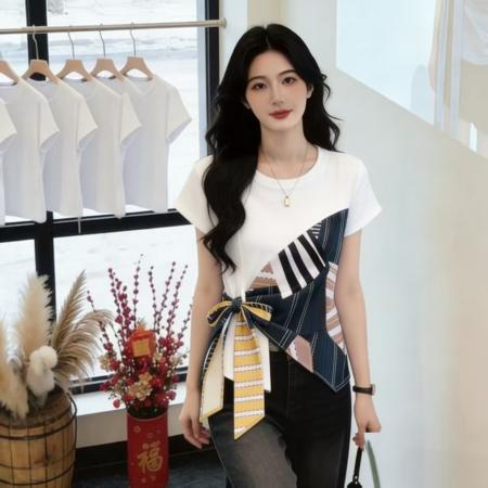 BY14799# 短袖t恤女夏季新款宽松显瘦遮肚子收腰设计感百搭打底上衣 服裝批發女裝批發服飾貨源