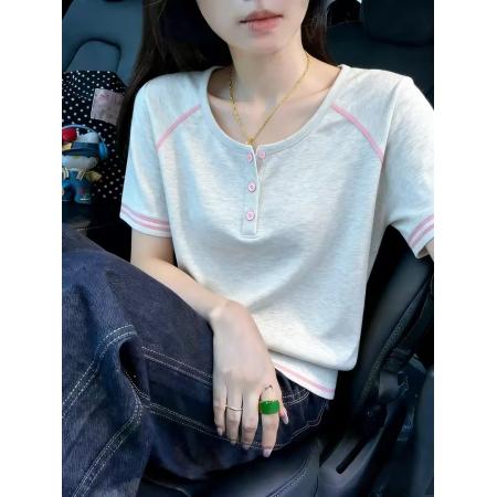 BY14800# 撞色线条短袖正肩T恤女夏季大码微胖mm收腰显瘦上衣 服裝批發女裝批發服飾貨源