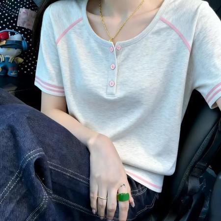 BY14800# 撞色线条短袖正肩T恤女夏季大码微胖mm收腰显瘦上衣 服裝批發女裝批發服飾貨源