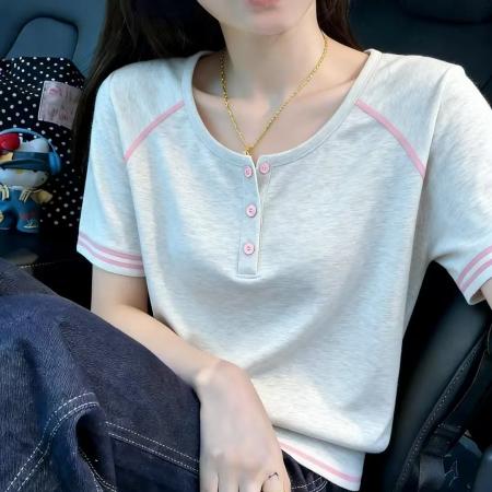 BY14800# 撞色线条短袖正肩T恤女夏季大码微胖mm收腰显瘦上衣 服裝批發女裝批發服飾貨源