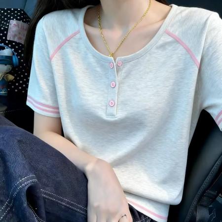 BY14800# 撞色线条短袖正肩T恤女夏季大码微胖mm收腰显瘦上衣 服裝批發女裝批發服飾貨源