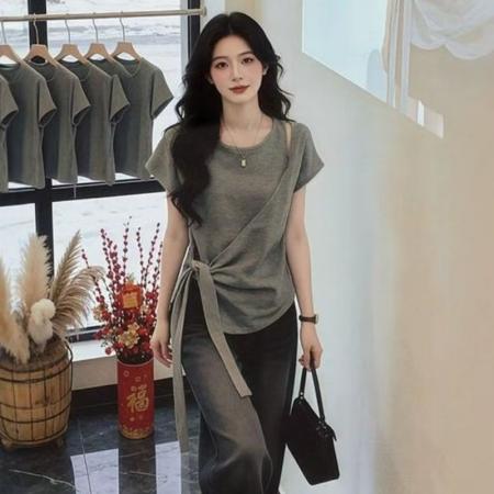 BY14801# 大码女装夏季新款绑带短袖T恤上衣 服裝批發女裝批發服飾貨源